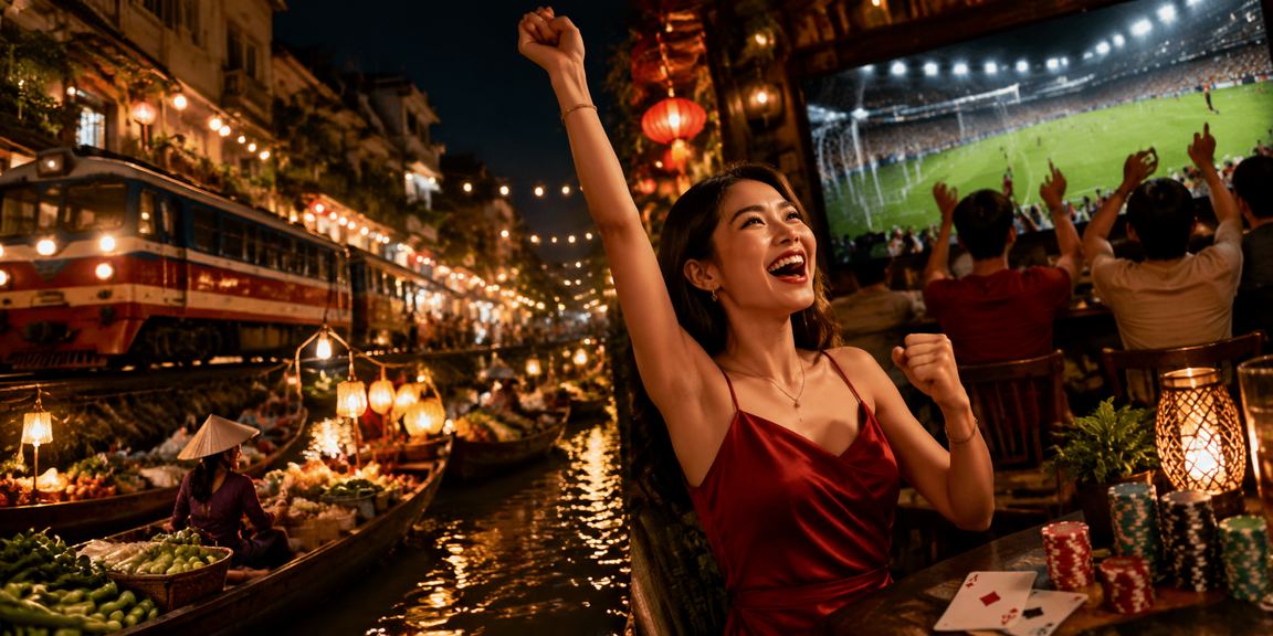 Màn hình cá cược thể thao ban đêm tại Hà Nội với ánh đèn neon rực rỡ